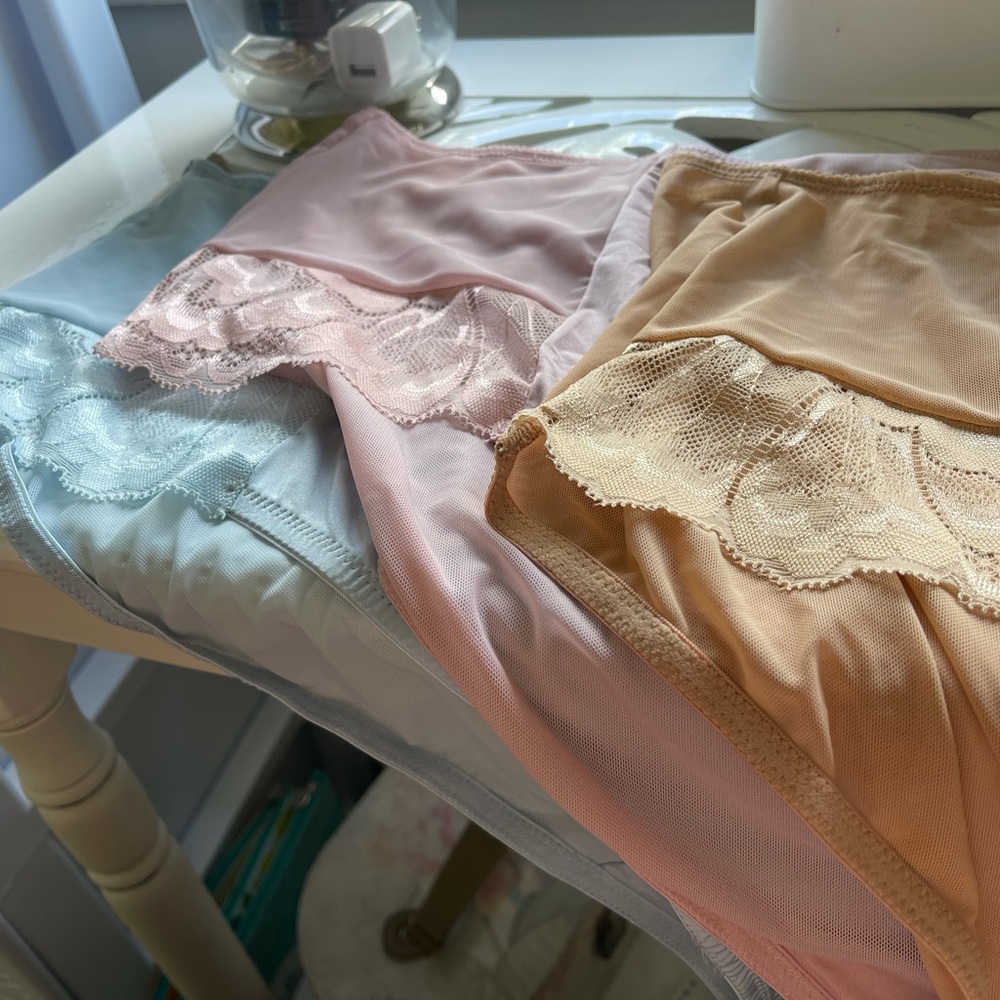 High waist lace trim panties, beige, rose, blue.